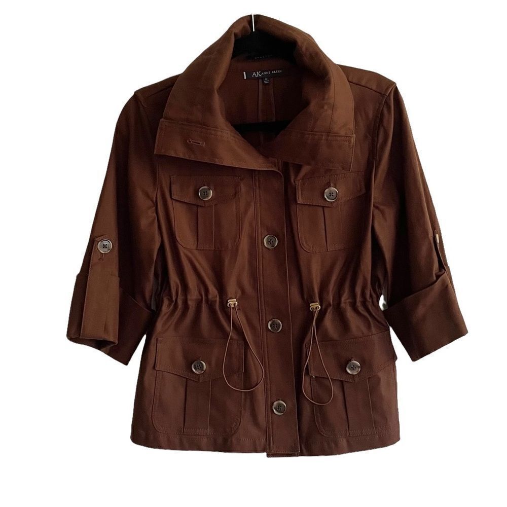 ANNE KLEIN Brown Cotton Stretch Button Front Jacket With Wide Sleeves M